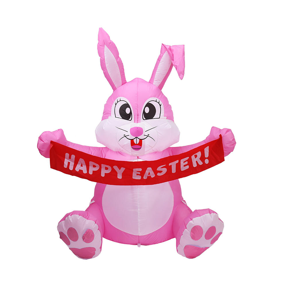 5 Foot Easter Pink Inflatable Bunny with banner Outdoor Decorations(LED inclduded）